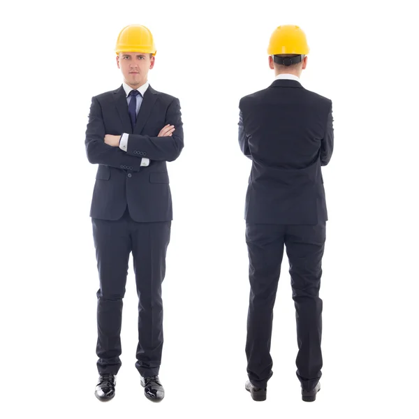 Front and back view of handsome business man in yellow builder's — Stock Photo, Image