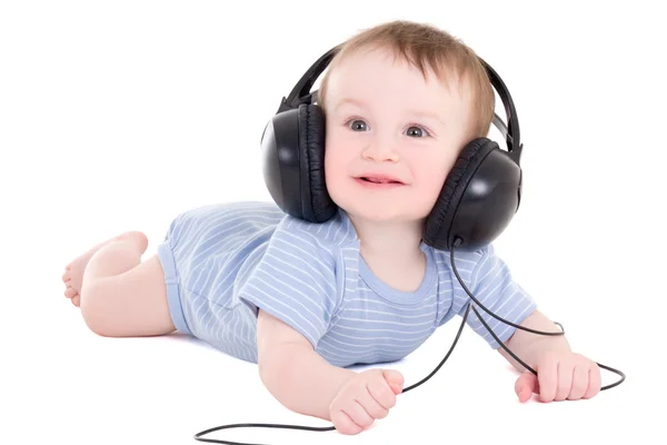 Funny baby boy småbarn med hörlurar isolerad på vit — Stockfoto
