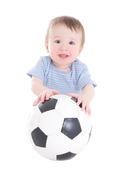 Bebé niño niño con balón de fútbol aislado sobre fondo blanco Imagen de archivo