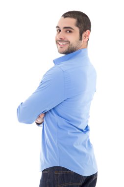 beyaz izole mavi gömlek gülümseyen iş adamı