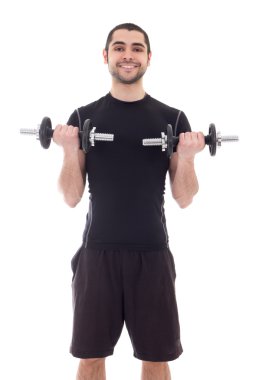 genç Arap yakışıklı dum ile egzersizleri yapıyor spor giyim