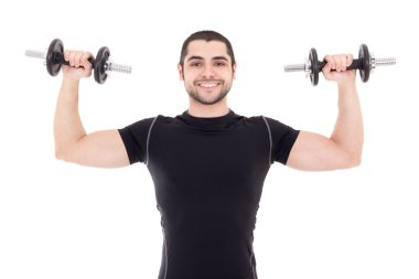 genç güçlü adam siyah spor egzersizleri dumbbe ile yapıyor