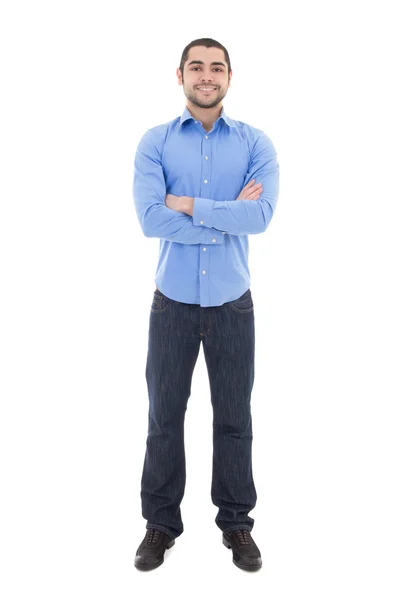 Jovem empresário árabe na camisa azul isolado no branco — Fotografia de Stock