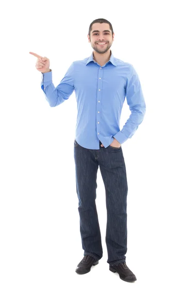 Hombre de negocios árabe joven en camisa azul mostrando algo iso — Foto de Stock