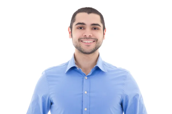Knappe Arabische man in blauw shirt geïsoleerd op wit — Stockfoto