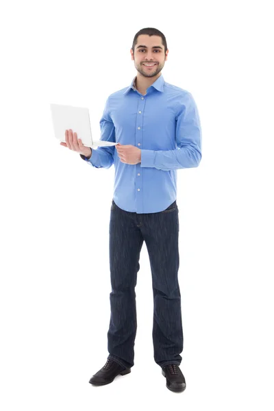 Full length portrait of handsome arabic man with laptop isolated — Stock Photo, Image