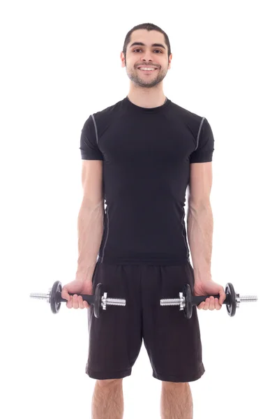 Joven guapo en ropa deportiva haciendo ejercicios con pesas —  Fotos de Stock