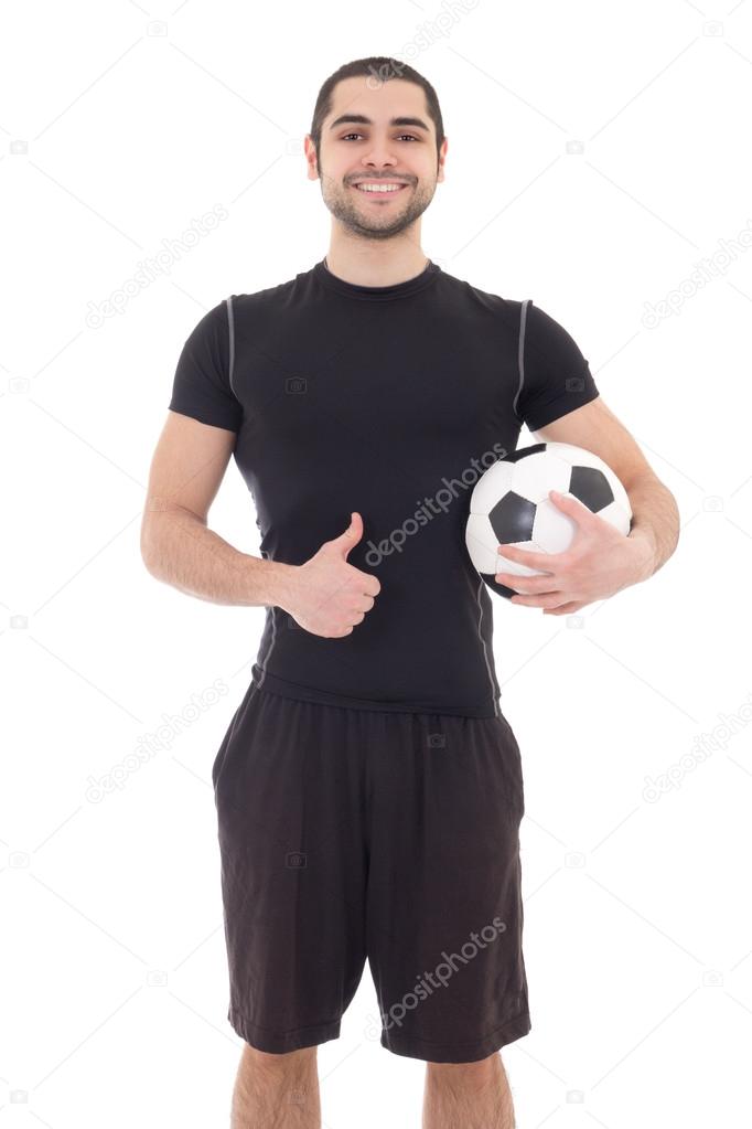 young handsome arabic man in sportswear with soccer ball isolate