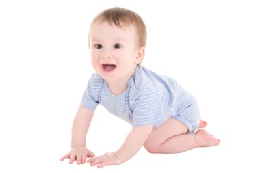 bebek çocuk yürümeye başlayan çocuk üzerinde izole beyaz gülüyor