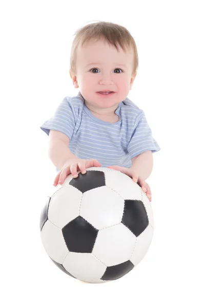 Bebê engraçado menino criança com bola de futebol isolada no branco — Fotografia de Stock