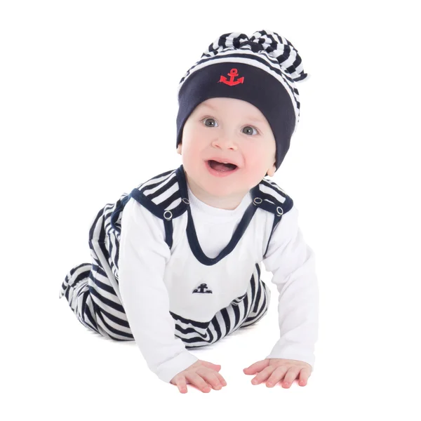 Divertido bebé boy niño pequeño con ropa de marinero arrastrándose aislado en wh —  Fotos de Stock