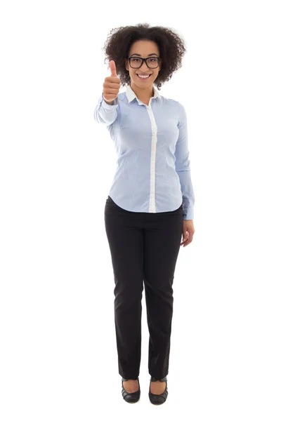 Happy african american business woman thumbs up isolated on whit — Stock Photo, Image