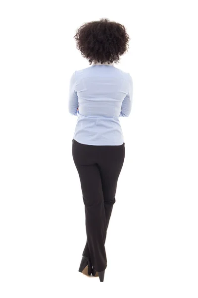 Vista posteriore di una donna di affari dell'afroamericano felice isolata su w — Foto Stock