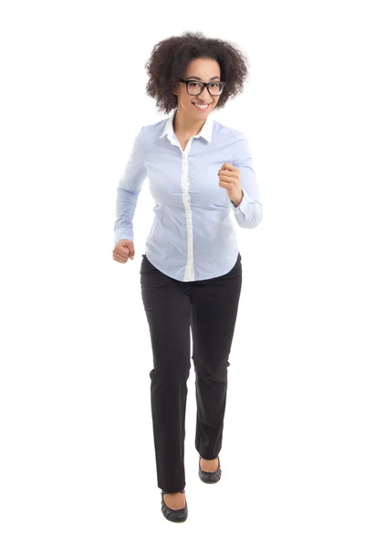 Young beautiful african american business woman running isolated — Stock Photo, Image