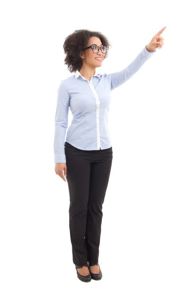 Young beautiful african american business woman pointing at some — Stock Photo, Image