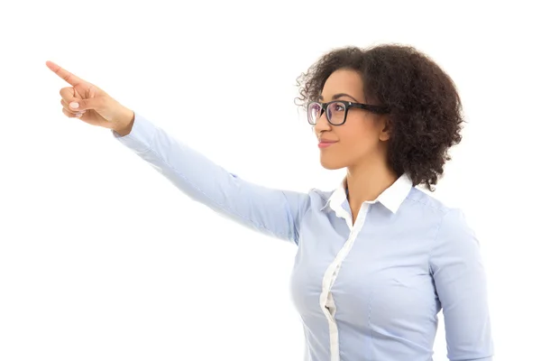 Beautiful african american business woman pointing at something — Stock Photo, Image