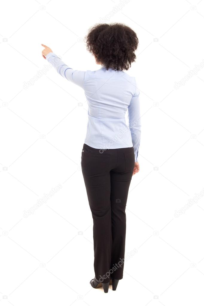 back view of african american business woman pointing at somethi