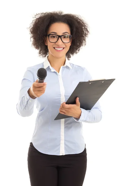 African american female journalist with microphone taking interv — Stock Photo, Image