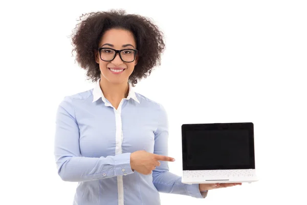 Beautiful african american business woman holding laptop with bl — Stock Photo, Image