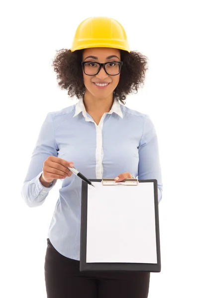 Beautiful african american business woman in builder helmet show — Stock Photo, Image