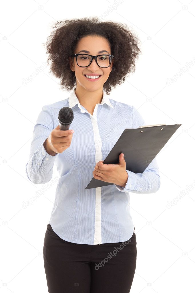 african american female journalist with microphone taking interv