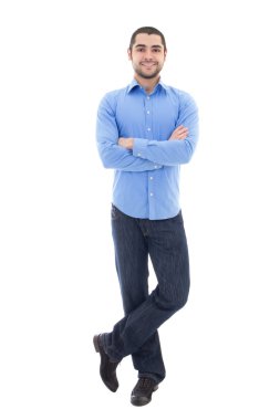 Genç Arapça iş adamı whit üzerinde izole mavi gömlekli sakallı