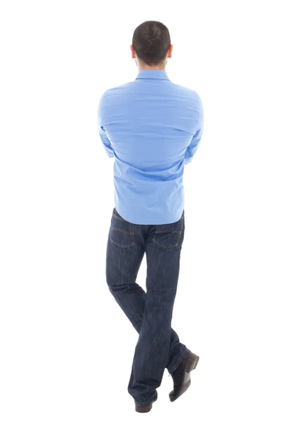 Vista posterior de hombre de negocios en camisa azul aislada en blanco — Foto de Stock