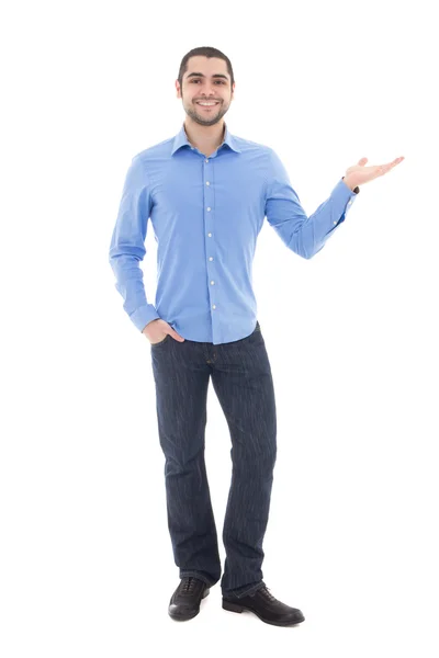 Young arabic business man in blue shirt pointing at something is — Stock Photo, Image