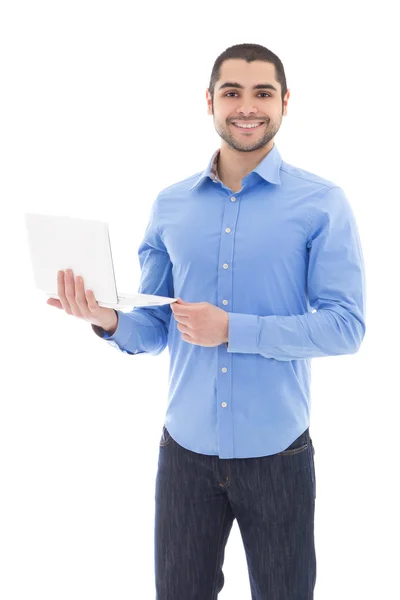 Bel homme arabe avec ordinateur portable isolé sur blanc — Photo