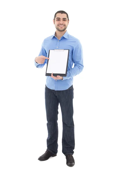 Young handsome arabic man showing clipboard with copy space isol — Stock Photo, Image