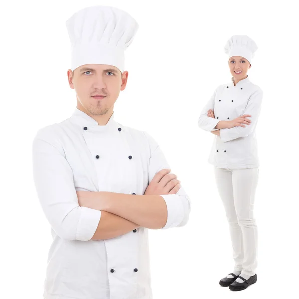 Conceito de trabalho de equipe - chefs de mulher e homem isolados no branco — Fotografia de Stock