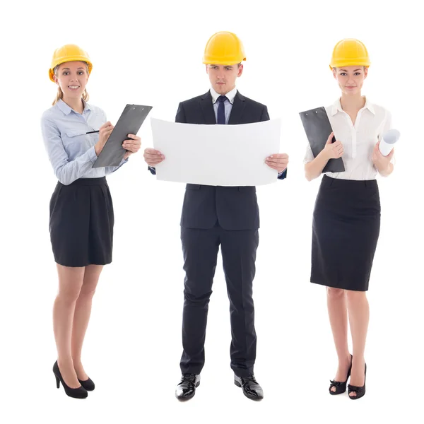 Team arbete koncept - affärsmän i gula Builders hjälmar — Stockfoto