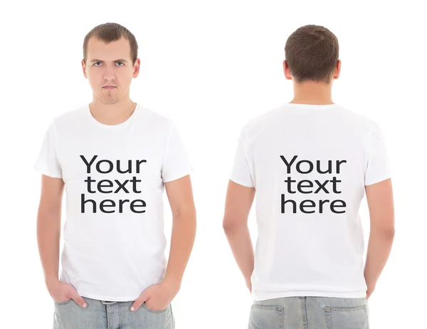 Främre och bakre syn på ung man i vit t-shirt med "din tex — Stockfoto