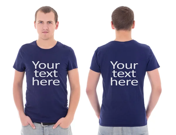 Främre och bakre syn på ung man i blå t-shirt med "din text — Stockfoto