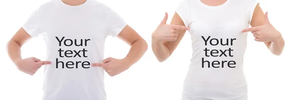 Close up van man en vrouw die t-shirts met "uw tekst hier" — Stockfoto