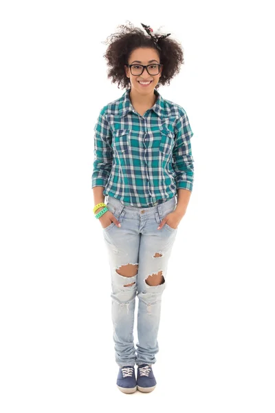 Bela adolescente americana Africano isolada na whit a sorrir — Fotografia de Stock