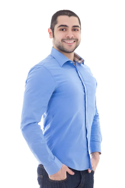 Portrait of handsome arabic business man in blue shirt isolated — Stock Photo, Image