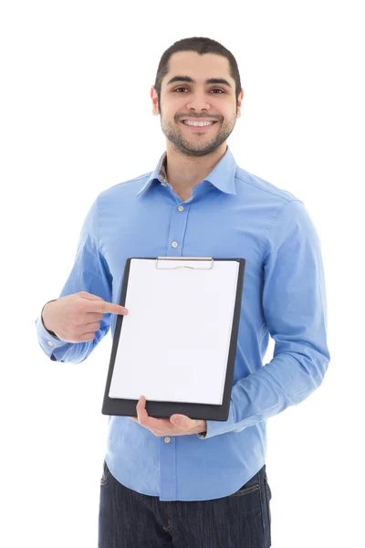 Young arabic man showing clipboard with copy space isolated on w — Stock Photo, Image