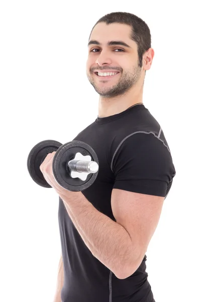 Hombre feliz en ropa deportiva haciendo ejercicios con pesas aisladas — Foto de Stock