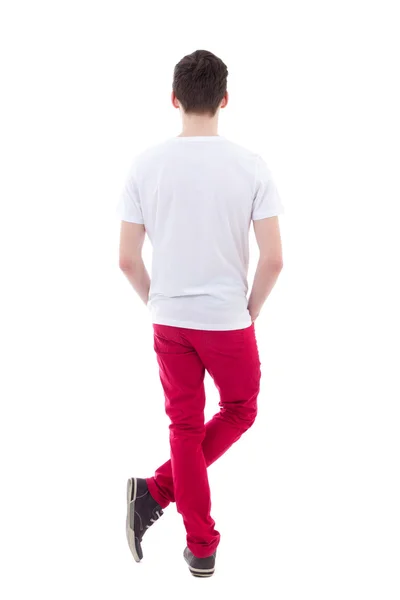 Vista posteriore di giovane uomo in piedi isolata su bianco — Foto Stock