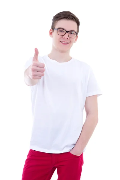 Portrait of young man thumbs up isolated on white — Stock Photo, Image