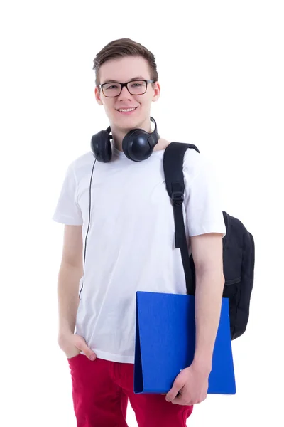 Retrato de adolescente bonito com mochila isolado no branco — Fotografia de Stock