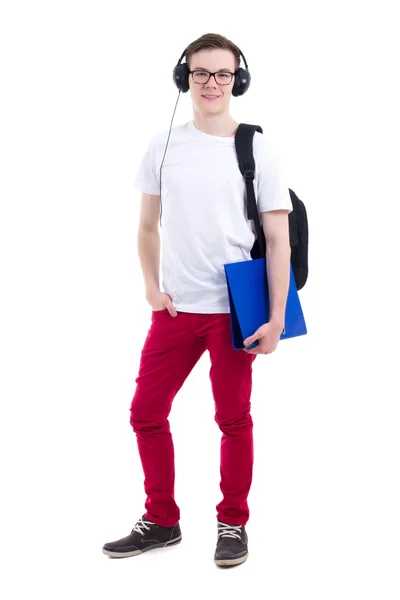 Full length portrait of handsome teenage boy with backpack and h — Stock Photo, Image