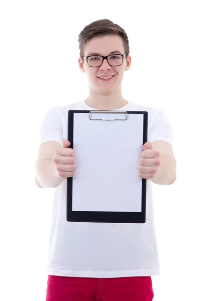 Handsome teenage boy showing clipboard with copy space isolated — Stock Photo, Image