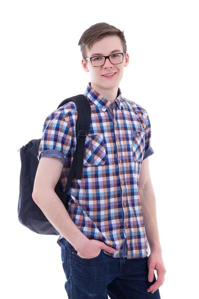 Portrét hezký dospívající chlapec s batohem izolovaných na bílém — Stock fotografie