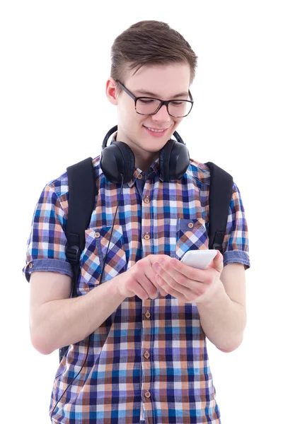 Retrato de chico guapo adolescente con mochila, teléfono y headph —  Fotos de Stock