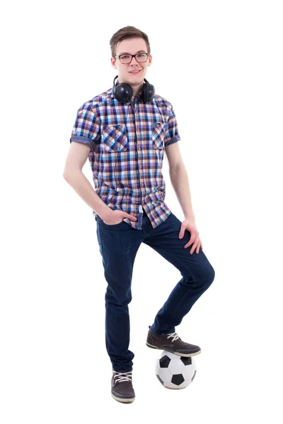 Portrait of handsome teenage boy with soccer ball isolated on wh — Stock Photo, Image