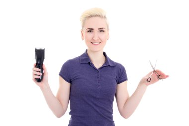 mutlu güzel kadın saç stilisti saç düzeltici ve makas ile