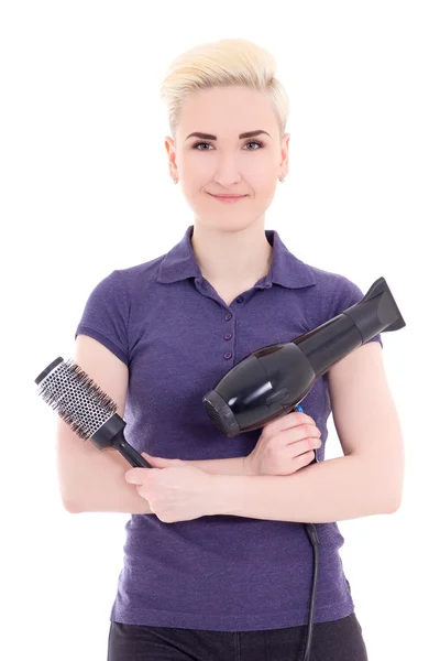 Young beautiful woman hair stylist with hairdryer and comb isola — Stock Photo, Image