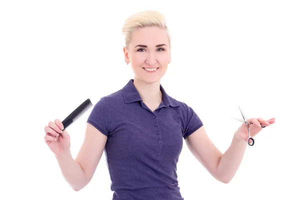 Happy beautiful woman hair stylist with comb and scissors isolat — Stock Photo, Image